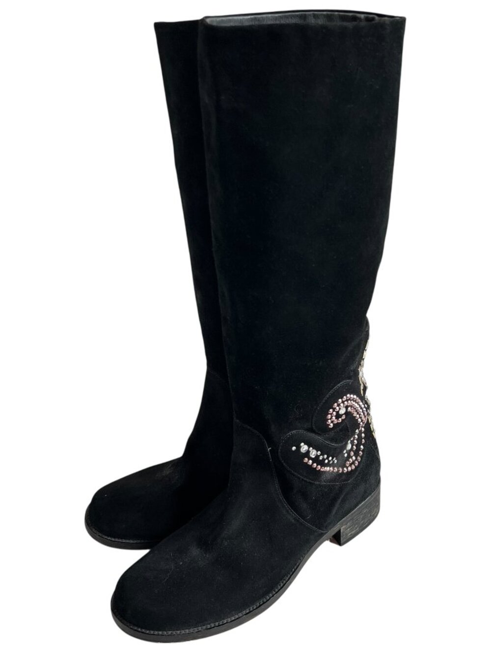 Pinko boots black suede rhinestone cross low block heel IT 37 knee high pull on